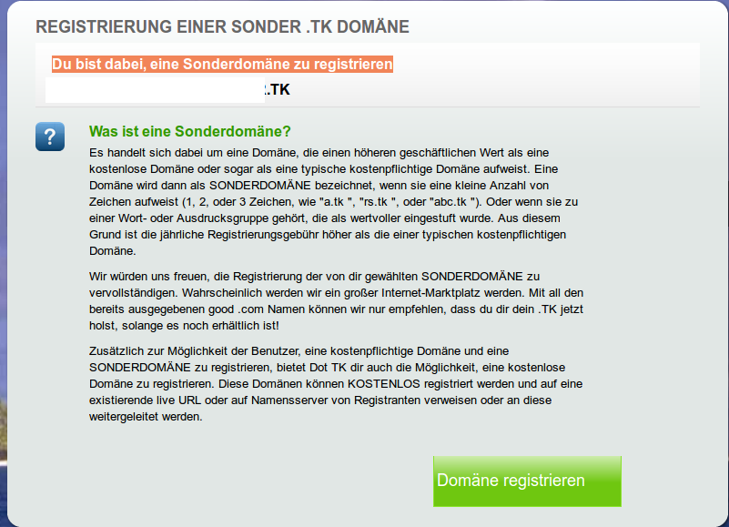 Registrierung einer Sonder .TK Domäne